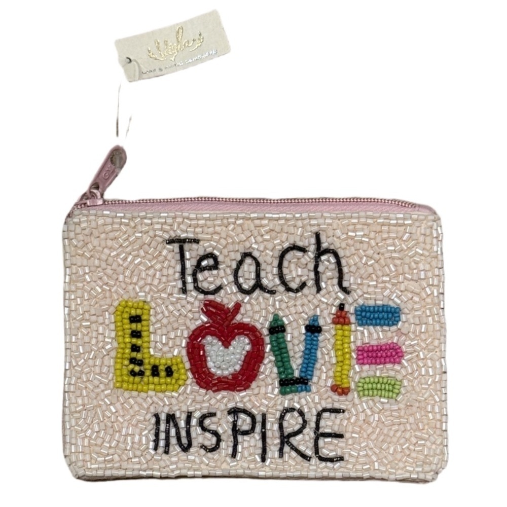 NWT! “ TEACH LOVE INSPIRE “ PINK BEADED COIN PURSE